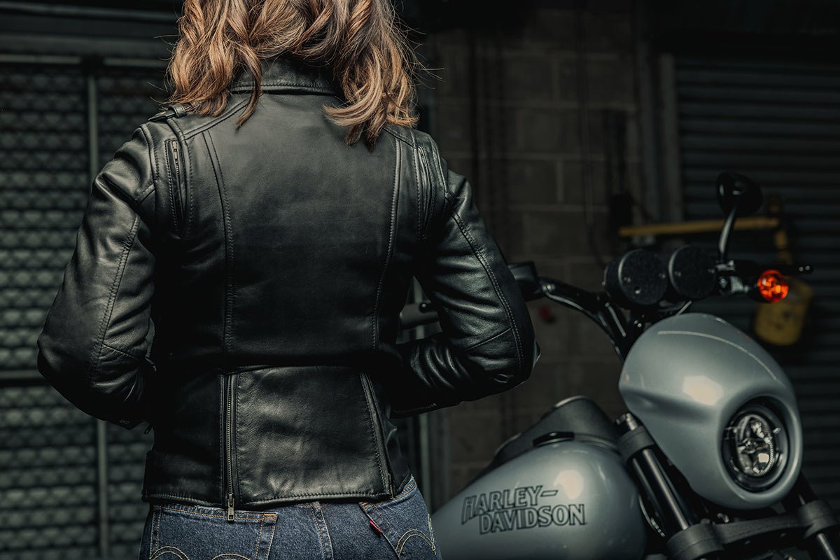 Ladies Leather Motorbike Jacket with Embroidered Details - Lux Ryder
