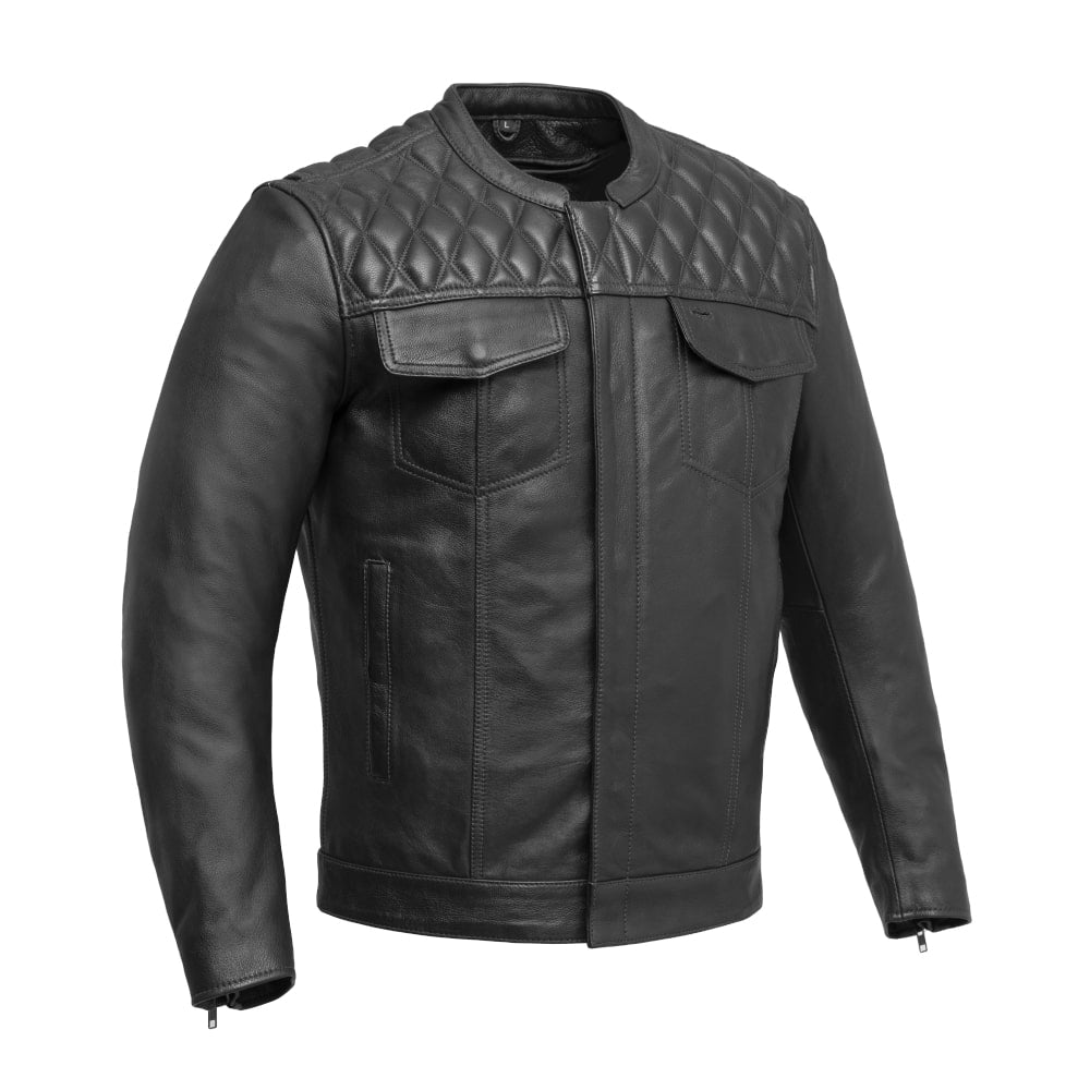 Men Café Style Leather Motorcycle Jacket with Quilted Shoulders - Lux Ryder