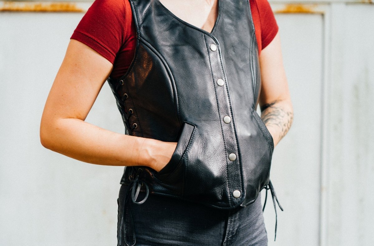 Women Leather Motorcycle Vest Classic V-Neck Riding Vest - Lux Ryder