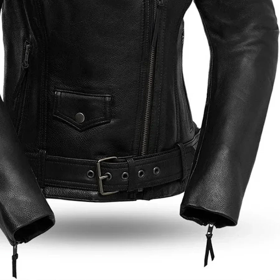 Women’s Leather Motorcycle Jacket with Perforated Collar Detail - Lux Ryder