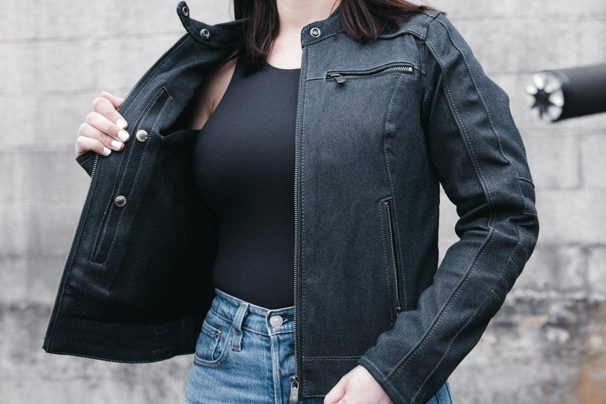 Women’s Denim Motorcycle Jacket with Protective Riding Design - Lux Ryder