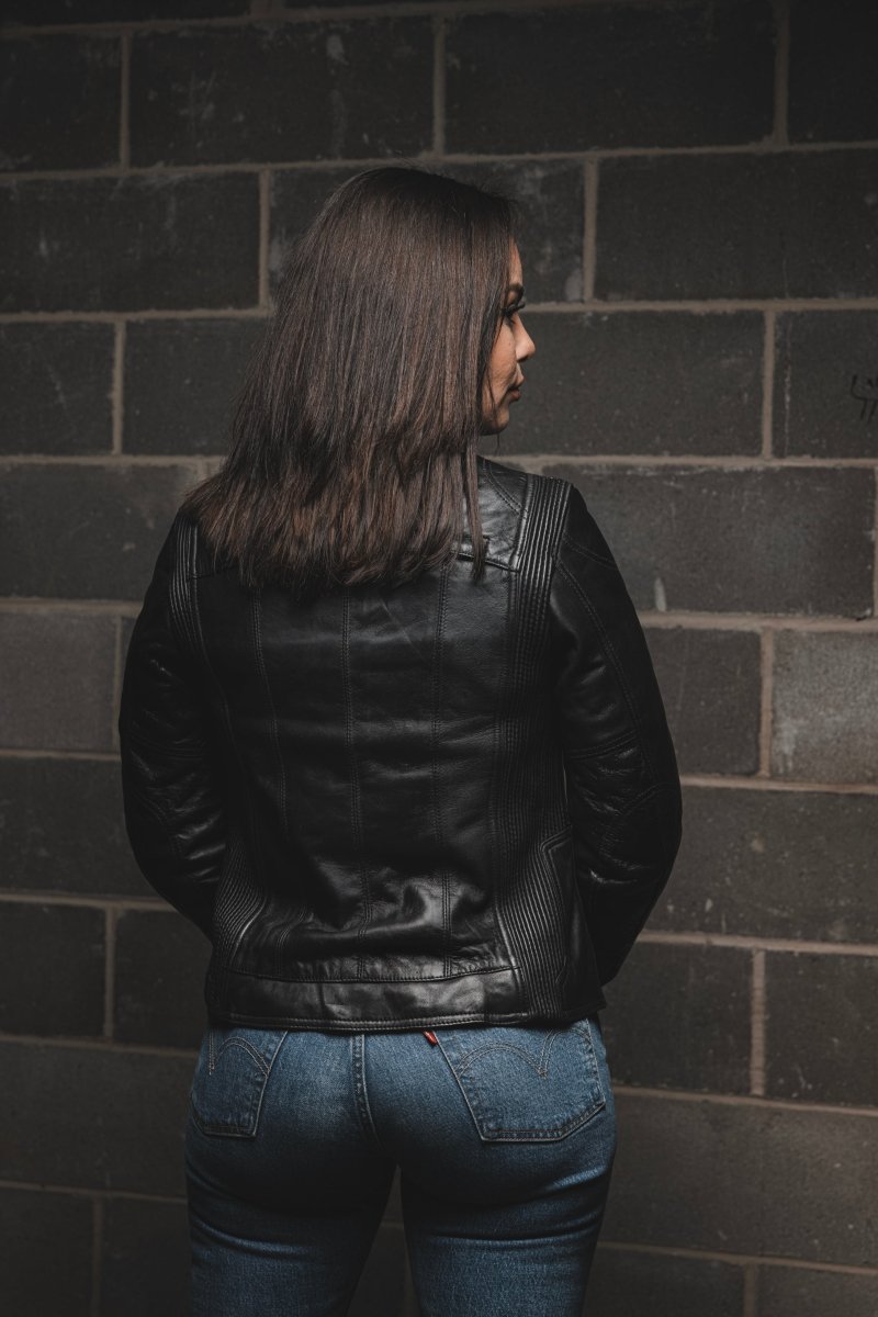 Women’s Leather Motorcycle Jacket with Center Zip and Stretch Panels - Lux Ryder