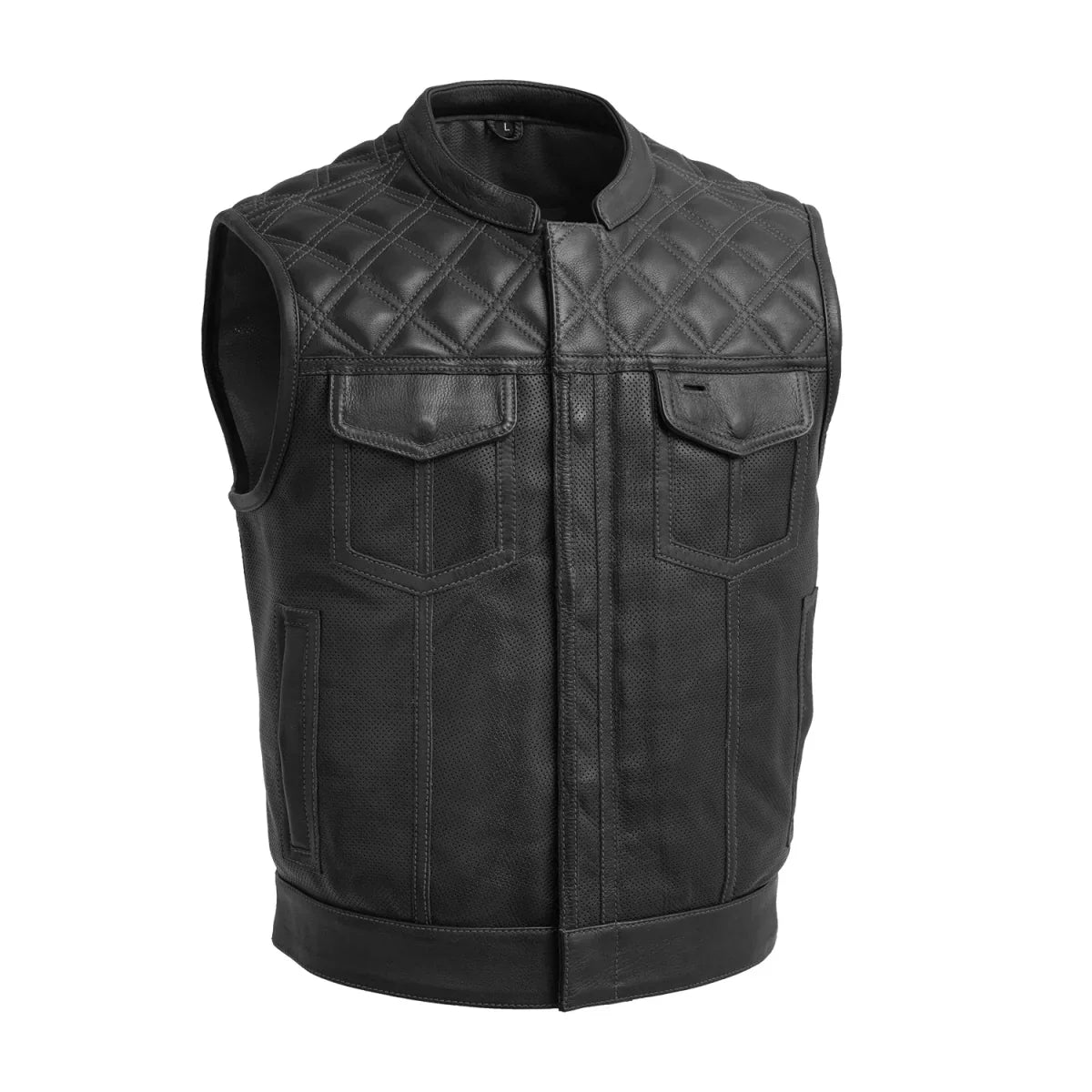Men Perforated Leather Club Style Motorcycle Vest - Lux Ryder