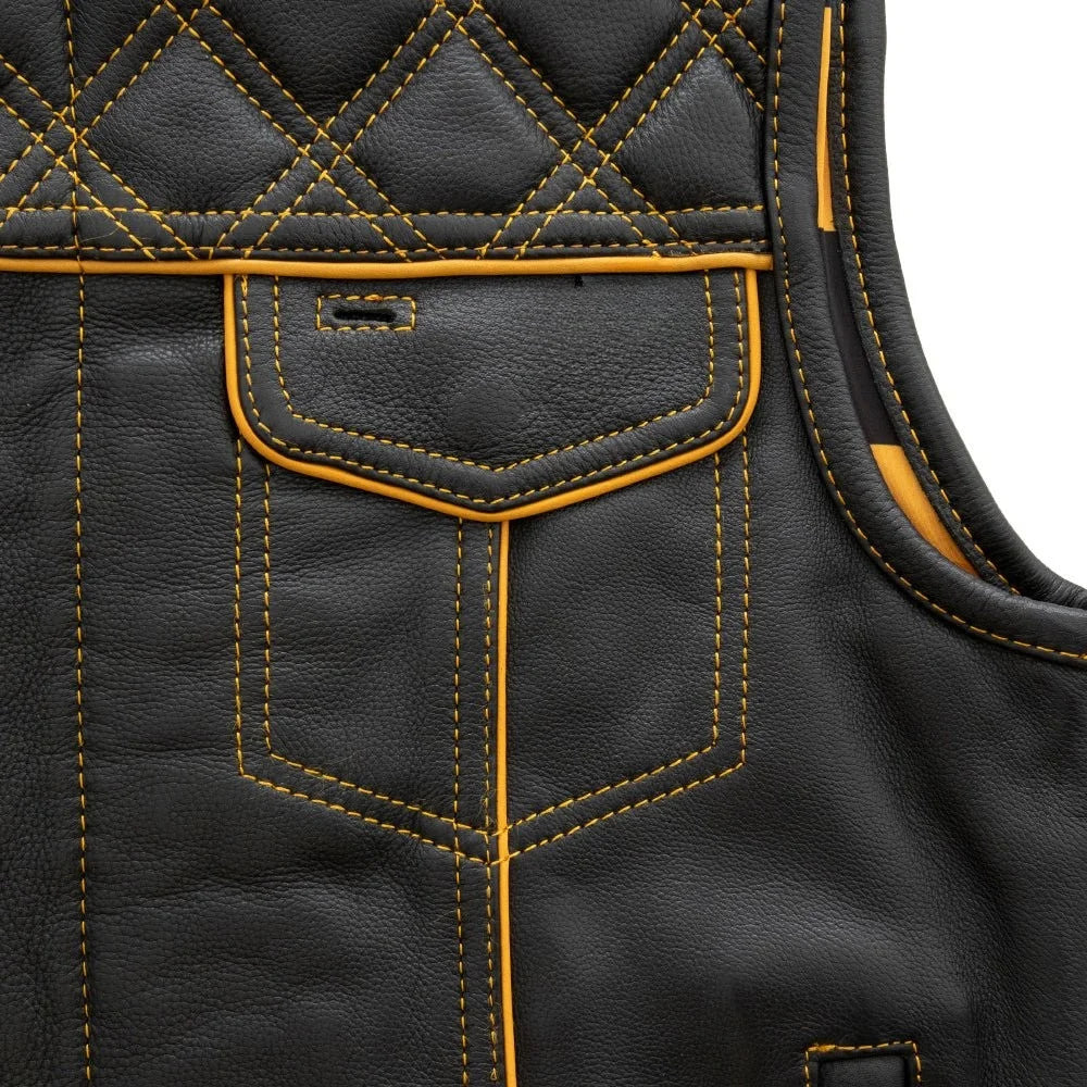 black leather vest with yellow stitching | LuxRyder