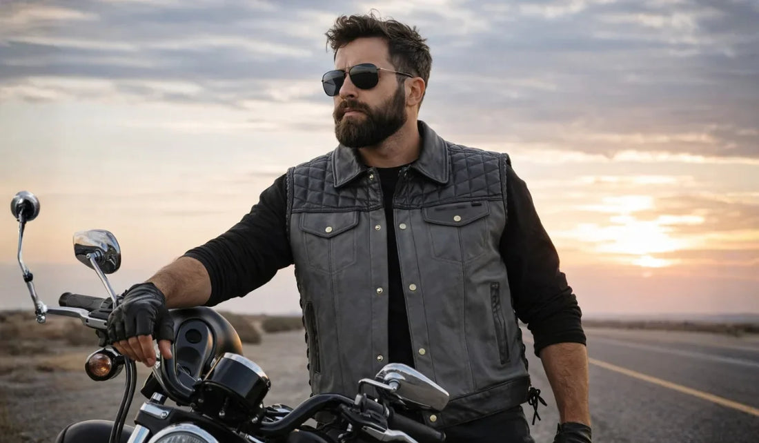 Grey Leather Biker Vest