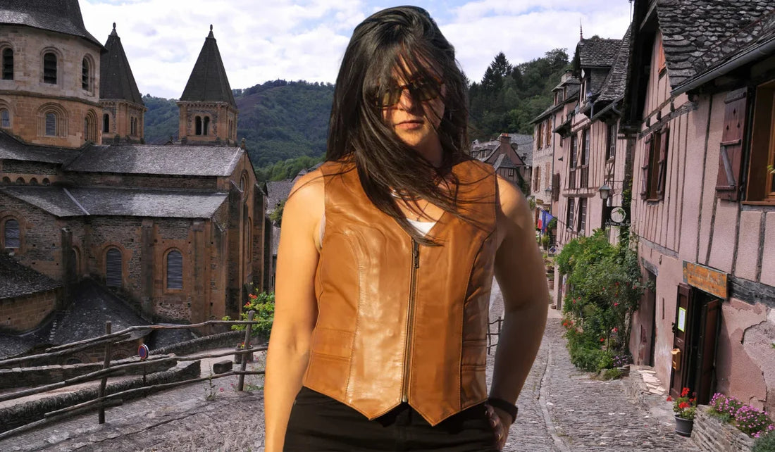 Brown ladies biker leather vest