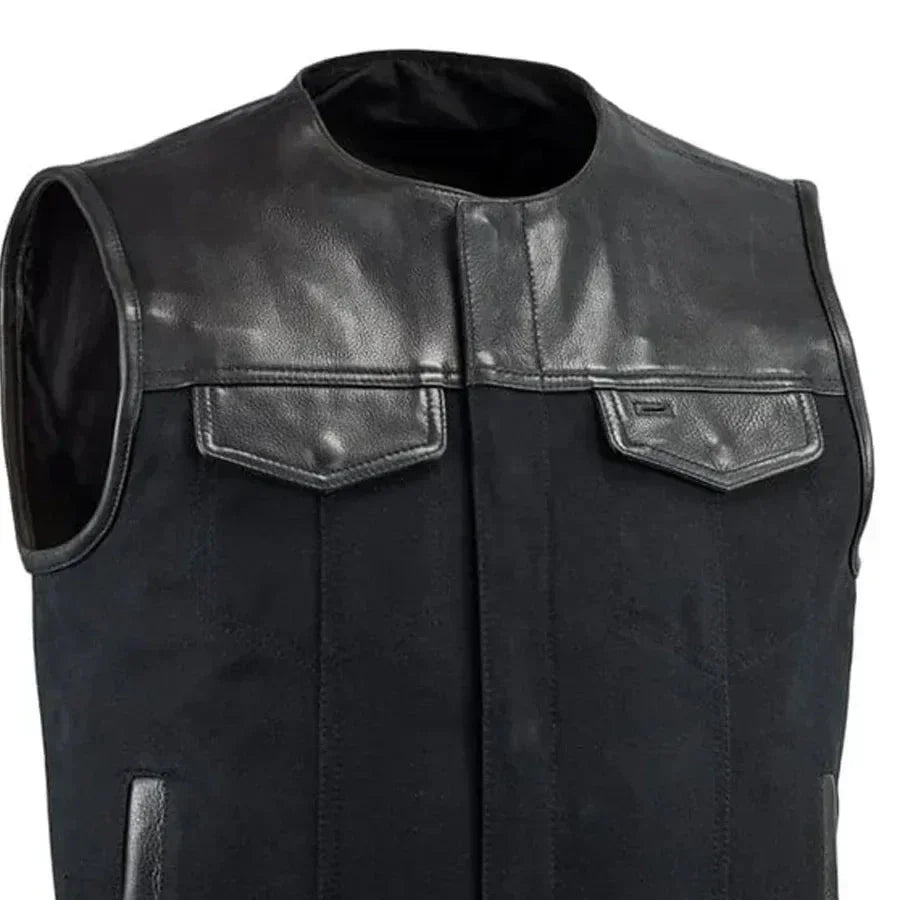 49/51 - No Collar Men's Leather/Canvas Motorcycle Vest - Lux Ryder