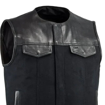 49/51 - No Collar Men's Leather/Canvas Motorcycle Vest - Lux Ryder
