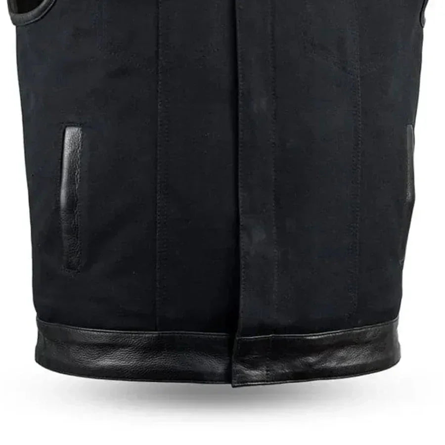 49/51 - No Collar Men's Leather/Canvas Motorcycle Vest - Lux Ryder