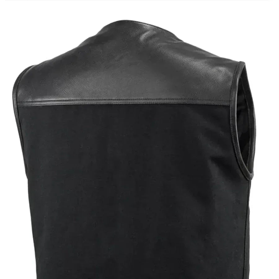 49/51 - No Collar Men's Leather/Canvas Motorcycle Vest - Lux Ryder