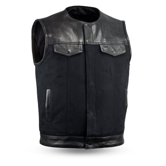 49/51 - No Collar Men's Leather/Canvas Motorcycle Vest - Lux Ryder