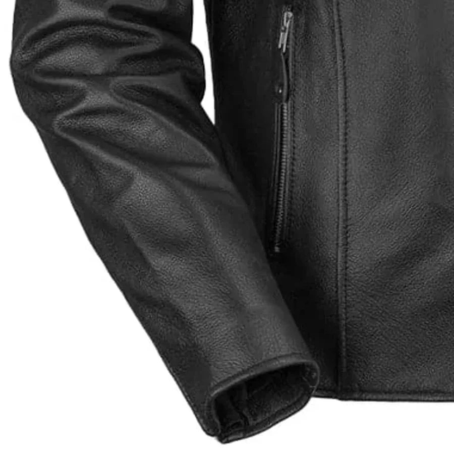 Men Café Style Leather Motorcycle Jacket with Center Zip - Lux Ryder