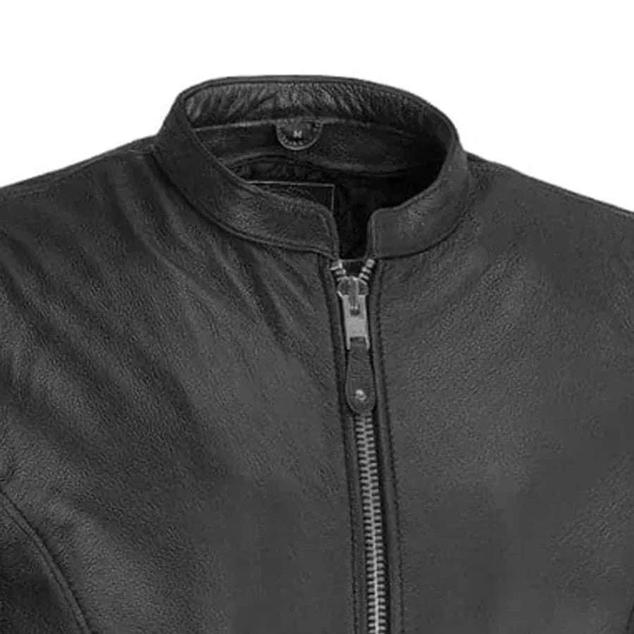 Men Café Style Leather Motorcycle Jacket with Center Zip - Lux Ryder