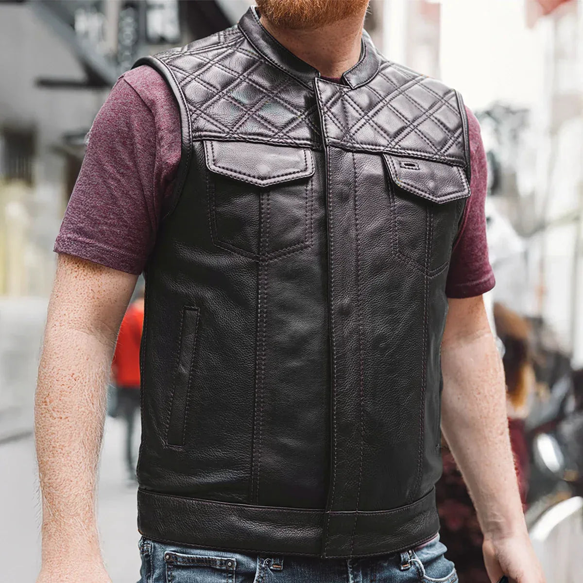 Downside Men's Motorcycle Leather Vest - Lux Ryder