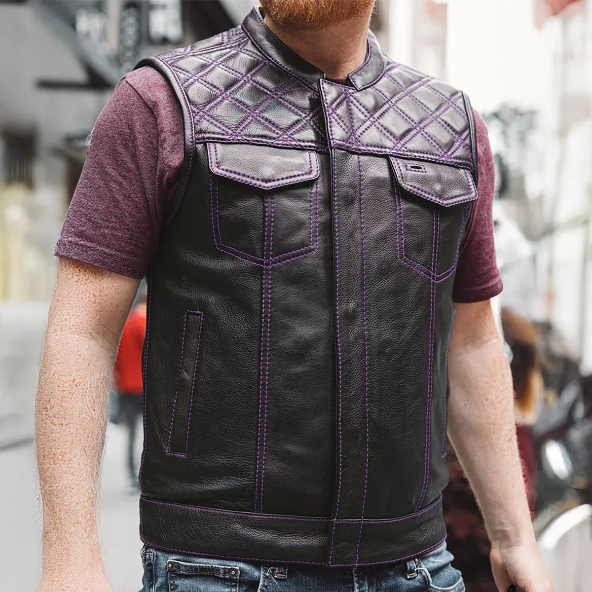 Downside Men's Motorcycle Leather Vest - Lux Ryder