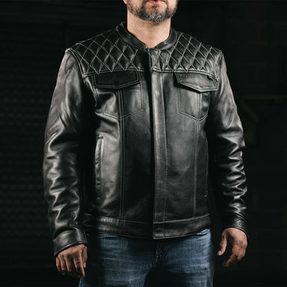 Men Café Style Leather Motorcycle Jacket with Quilted Shoulders - Lux Ryder