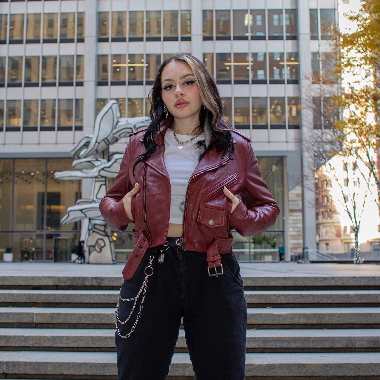 Women’s Cropped Leather Motorcycle Jacket with All-Season Wear - Lux Ryder