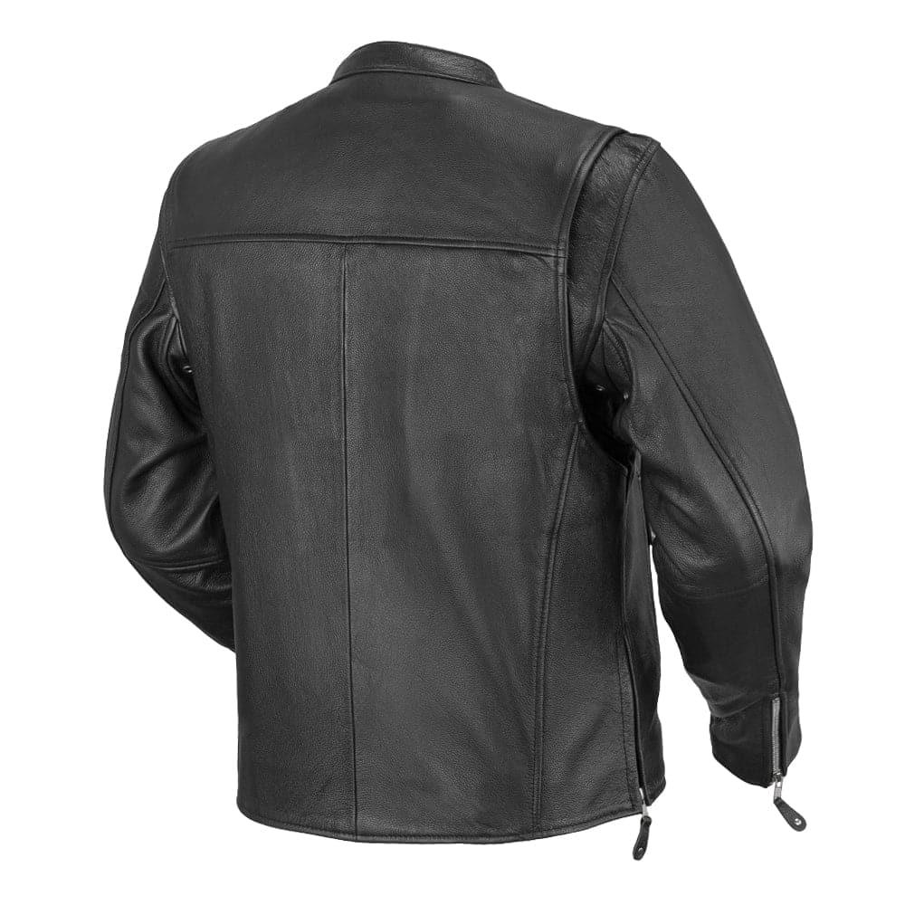 Men Café Style Leather Motorcycle Jacket with Center Zip - Lux Ryder