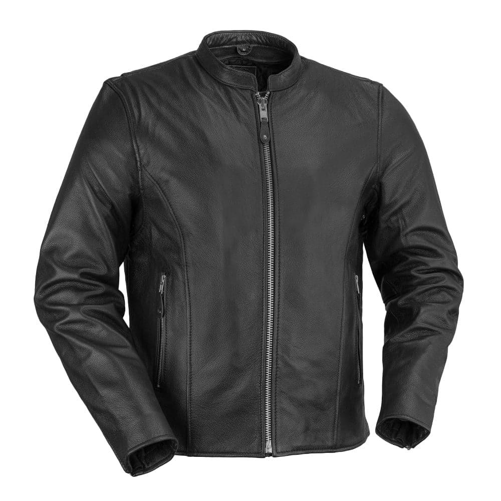 Men Café Style Leather Motorcycle Jacket with Center Zip - Lux Ryder