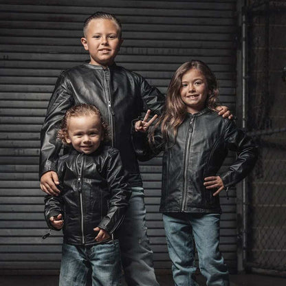 Bambino Kid’s Motorcycle Leather Jacket soft cowhide center-zip with snap pockets and zippered sleeves for easy movement