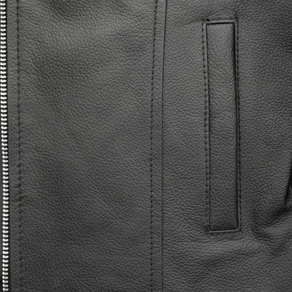 Child wearing Bambino kid’s motorcycle leather jacket with center zipper and zippered sleeves