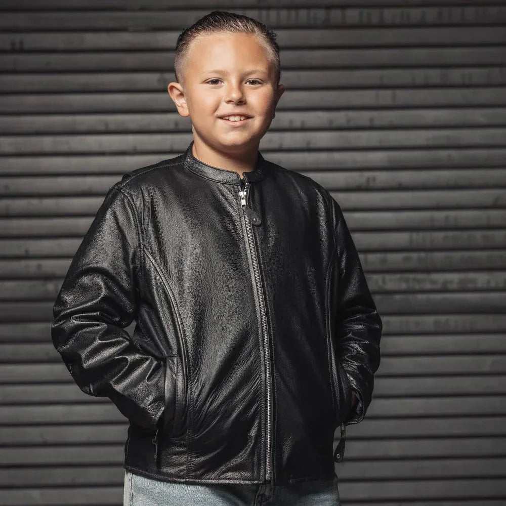 Child wearing Bambino kid’s motorcycle leather jacket with center zipper and snap pockets