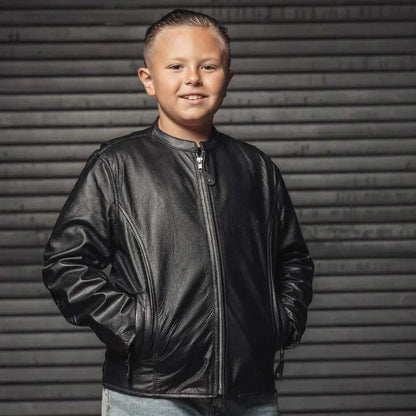 Child wearing Bambino kid’s motorcycle leather jacket with center zipper and snap pockets