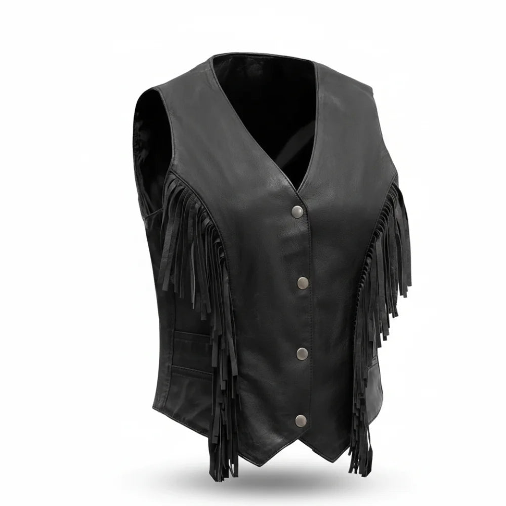 Black leather vest with fringes | LuxRyder