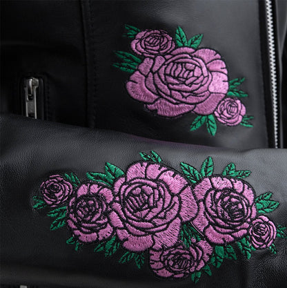 Ladies Leather Motorbike Jacket with Embroidered Details - Lux Ryder