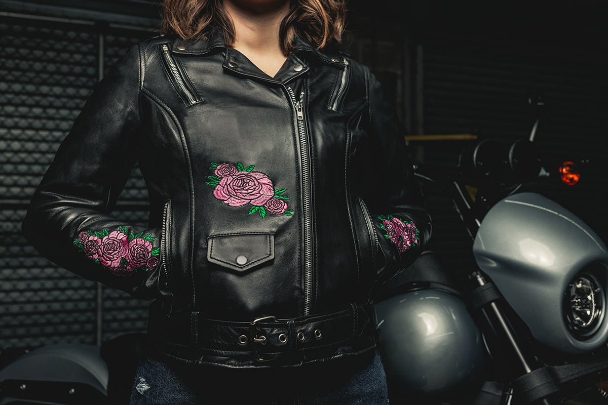 Ladies Leather Motorbike Jacket with Embroidered Details - Lux Ryder