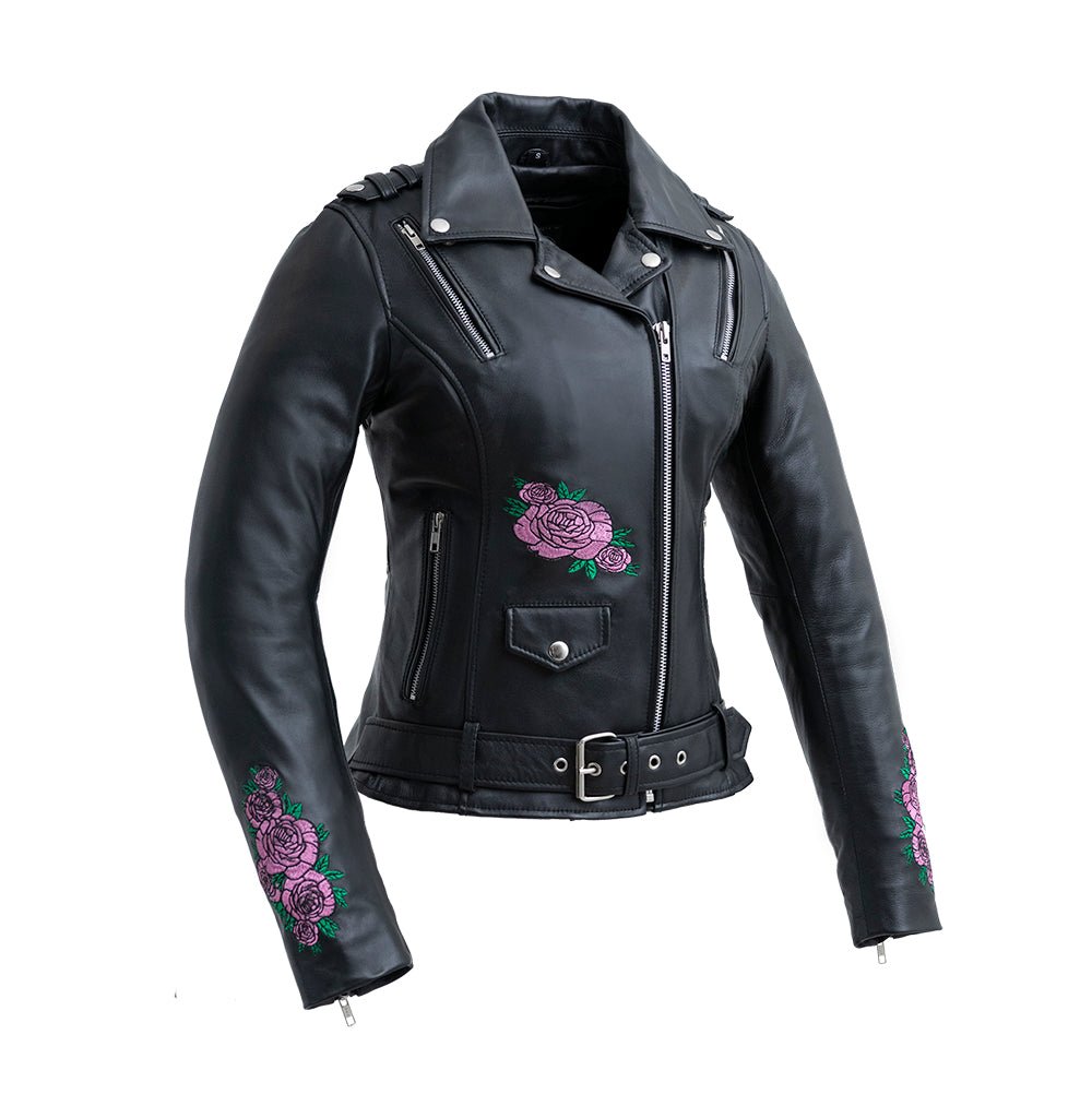 Ladies Leather Motorbike Jacket with Embroidered Details - Lux Ryder