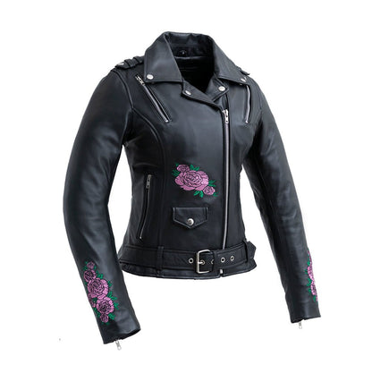 Ladies Leather Motorbike Jacket with Embroidered Details - Lux Ryder