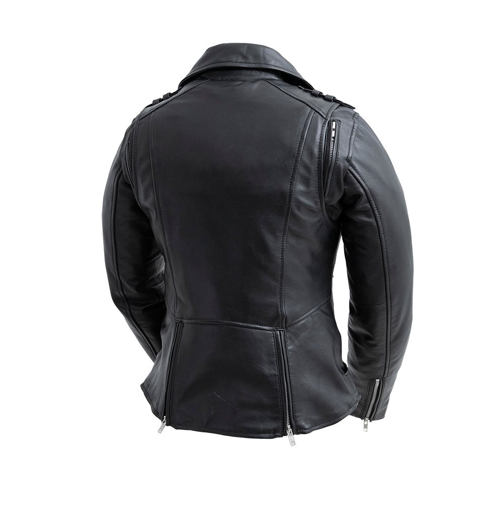 Ladies Leather Motorbike Jacket with Embroidered Details - Lux Ryder