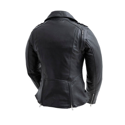 Ladies Leather Motorbike Jacket with Embroidered Details - Lux Ryder