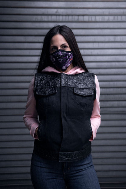 Women Club Style Leather and Canvas Motorcycle Vest - Lux Ryder