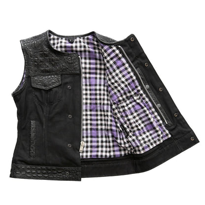 Women Club Style Leather and Canvas Motorcycle Vest - Lux Ryder