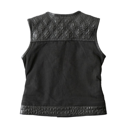 Women Club Style Leather and Canvas Motorcycle Vest - Lux Ryder