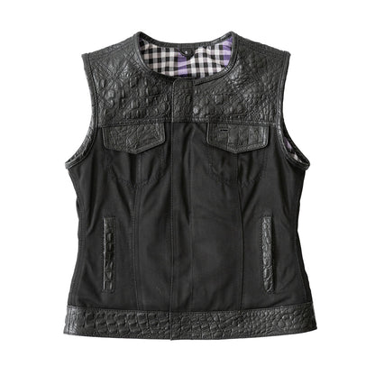 Women Club Style Leather and Canvas Motorcycle Vest - Lux Ryder