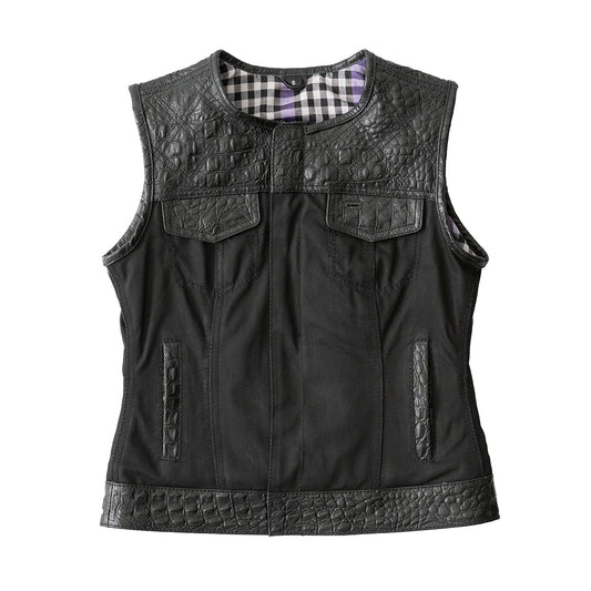 Women Club Style Leather and Canvas Motorcycle Vest - Lux Ryder