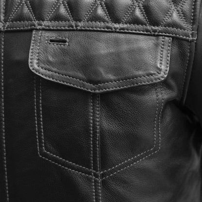 Men Café Style Leather Motorcycle Jacket with Quilted Shoulders - Lux Ryder