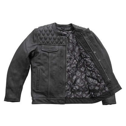 Men Café Style Leather Motorcycle Jacket with Quilted Shoulders - Lux Ryder