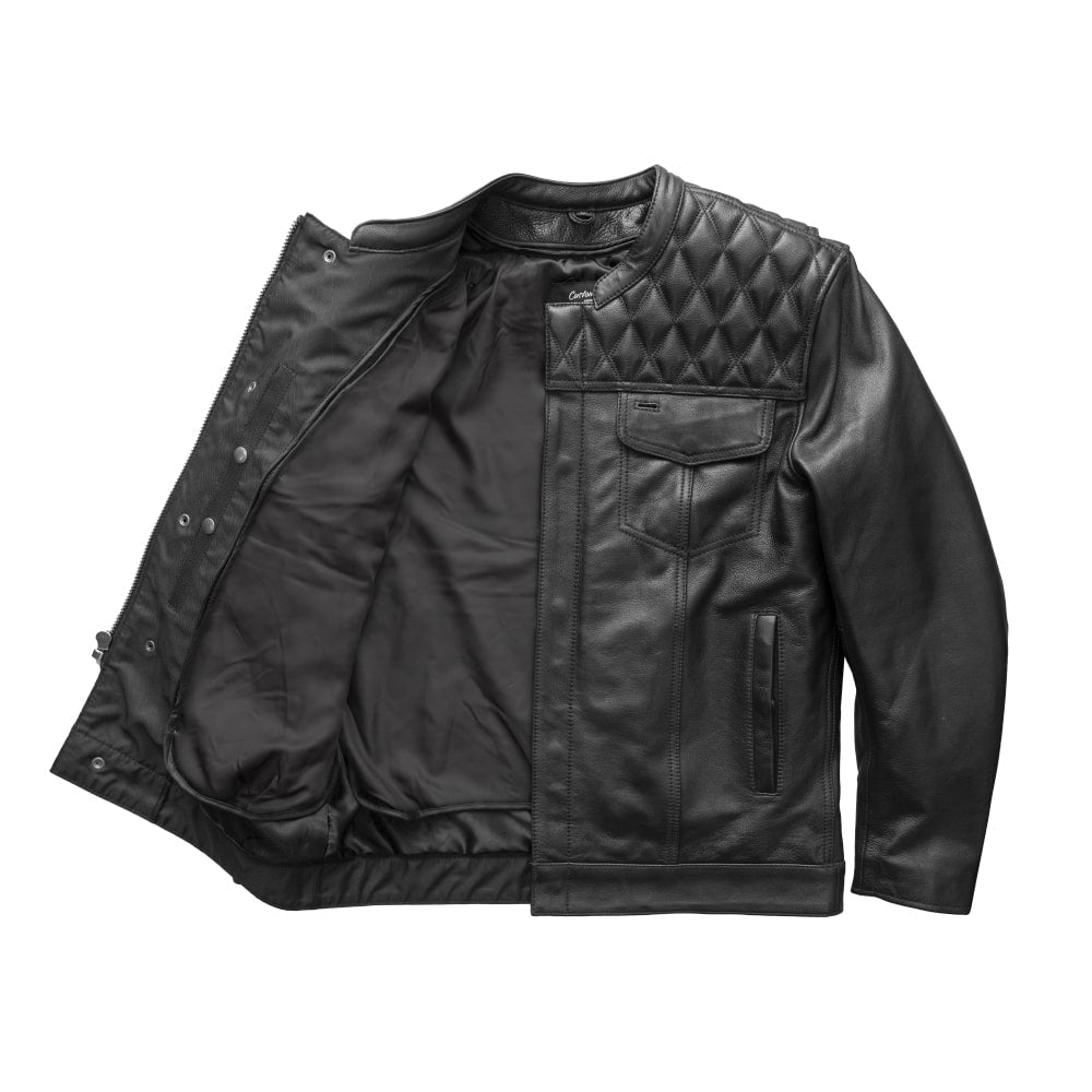 Men Café Style Leather Motorcycle Jacket with Quilted Shoulders - Lux Ryder