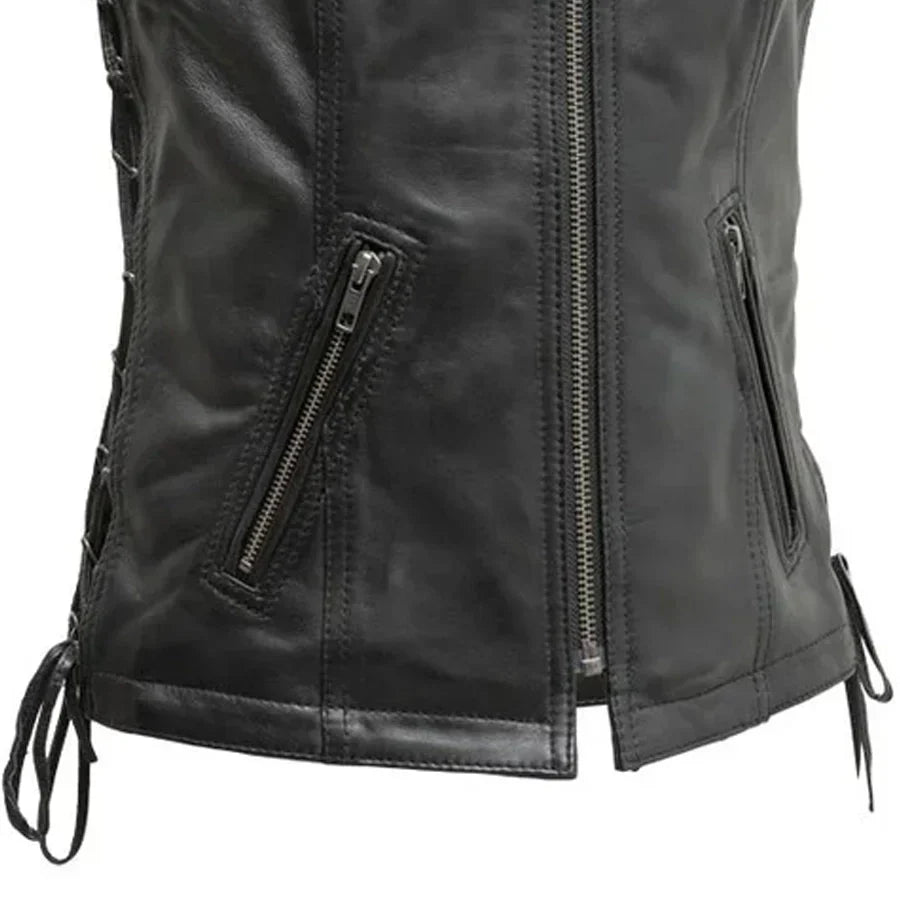 Women Leather Motorcycle Vest with Side Laces - Lux Ryder