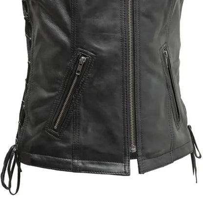Women Leather Motorcycle Vest with Side Laces - Lux Ryder