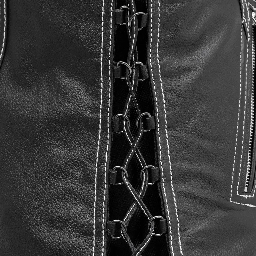 Women Black Leather Motorcycle Vest with Side Laces - Lux Ryder