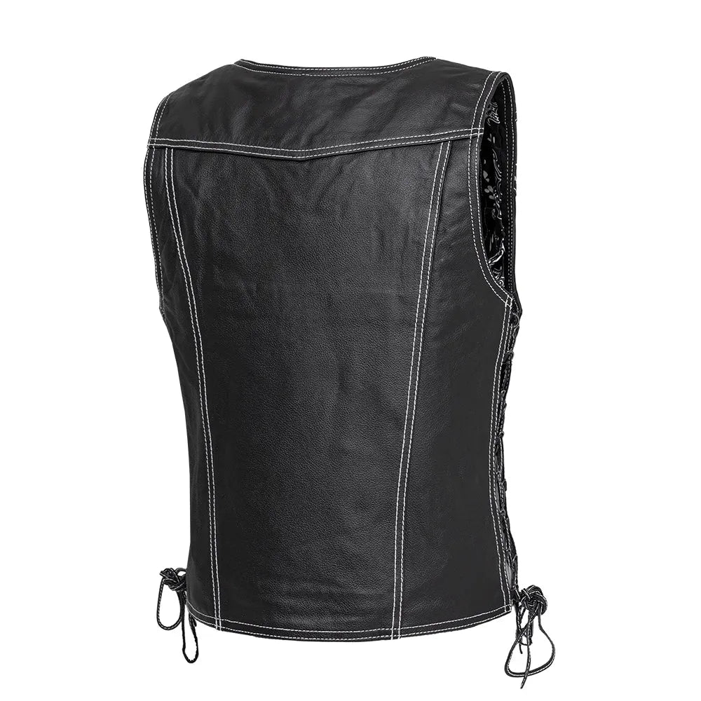 Women Black Leather Motorcycle Vest with Side Laces - Lux Ryder