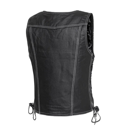 Women Black Leather Motorcycle Vest with Side Laces - Lux Ryder