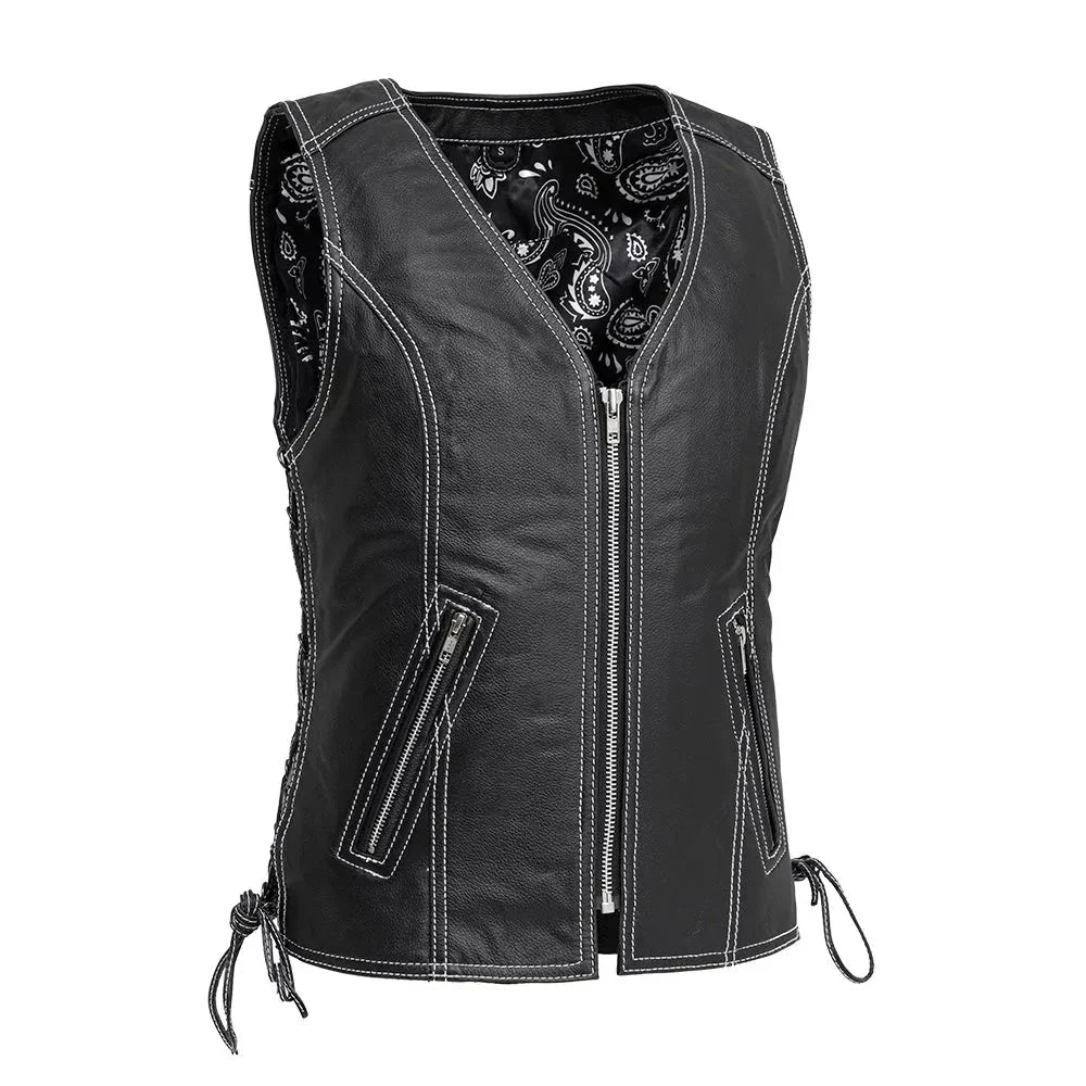 Women Black Leather Motorcycle Vest with Side Laces - Lux Ryder