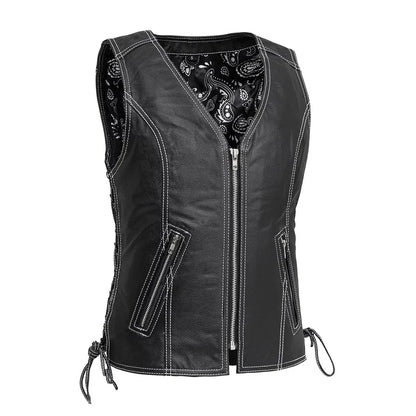 Women Black Leather Motorcycle Vest with Side Laces - Lux Ryder