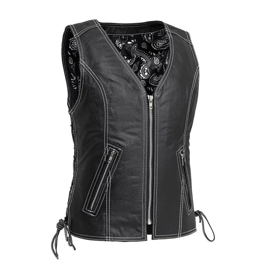 Women Black Leather Motorcycle Vest with Side Laces - Lux Ryder
